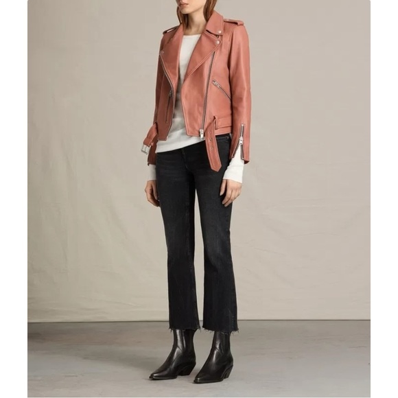 All Saints Balfern Biker Jacket - Coral Pink Red Lamb Leather Belted Jacket sz 6 - Picture 13 of 16